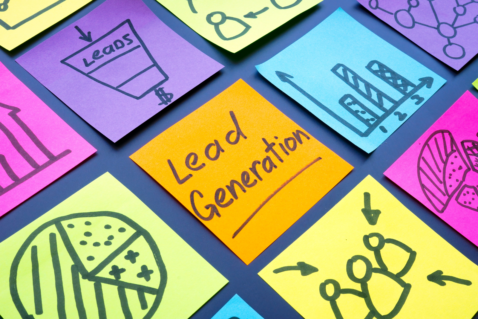 Sticky notes with "Lead Generation" written on them